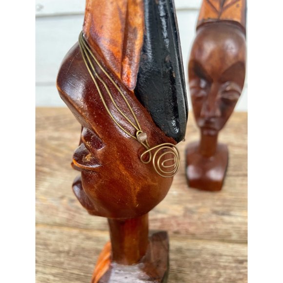 Vintage MCM African Carved Wood Head Busts Woman Man Wire Jewelry - Picture 4 of 15
